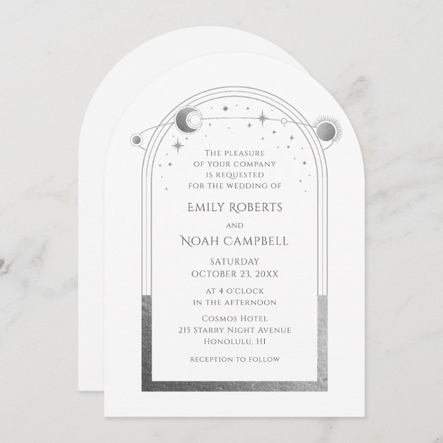 Convite Estrelas da Lua Solar Branca Celestial (Frente/Verso)