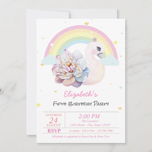 Convite Estrelas de Arco-íris Cisne Flor Aniversário (Frente)