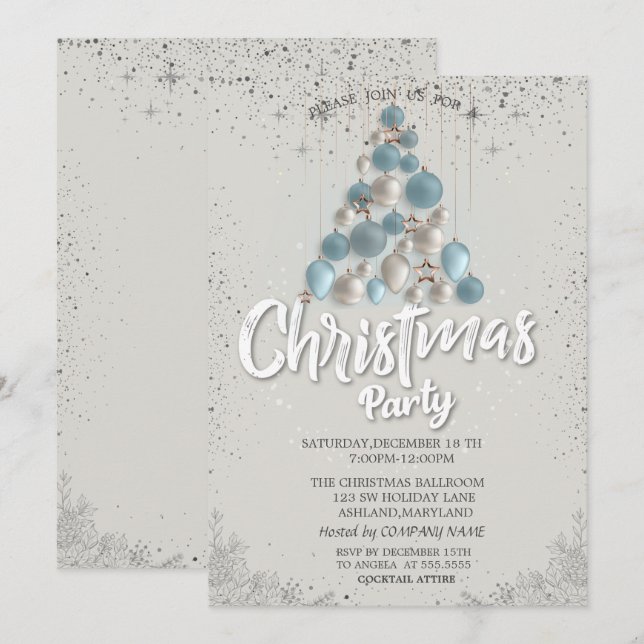 Convite Estrelas de Bolas Azuis Confetes Empresa de Natal (Frente/Verso)