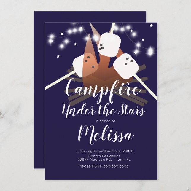 Convite Estrelas de Campfire Marshmallow acampam em festas (Frente/Verso)