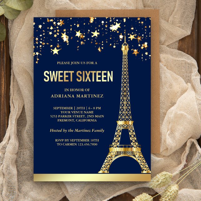 Convite Estrelas de folha de ouro Torre Eiffel Marinho Doc (Criador carregado)