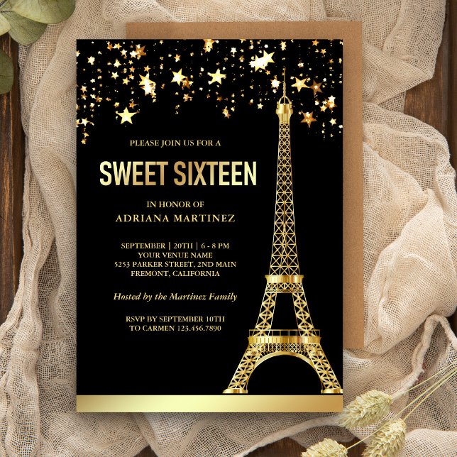 Convite Estrelas de Folha de Ouro Torre Eiffel Sweet Sixte (Criador carregado)