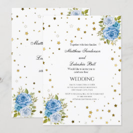 Convite Estrelas de ouro de flores azuis de Casamento Eleg