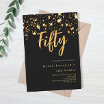 Convite Estrelas de ouro negras tipografia de luxo 50 anos<br><div class="desc">Um convite moderno e na moda para uma 50ª festa de aniversário para ele e para ela. Decorado com estrelas ouros. Fundo preto e a palavra Cinquenta escrita com letras douradas falsas grandes. Personalize e adicione um nome e detalhes da parte.</div>