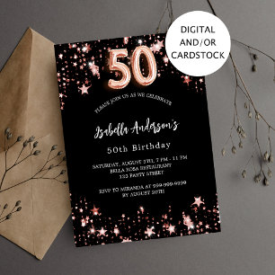 Convite Estrelas de ouro rosa preto de 50 anos