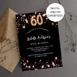Convite Estrelas de ouro rosa preto de 60 anos<br><div class="desc">Um fundo preto clássico,  decorado com estrelas douradas rosa. Personalize e adicione um nome e detalhes da parte. O número é escrito com um script de estilo de balão.</div>