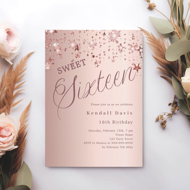 Convite Estrelas de ouro rosa script modernizam Sweet 16 (Criador carregado)