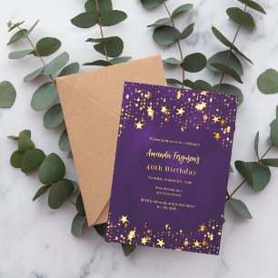 Convite Estrelas de ouro roxo de aniversário