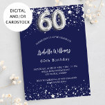 Convite Estrelas de prata azuis do marinho 60.o aniversári<br><div class="desc">Um convite moderno,  na moda e glamouroso para uma 60ª festa de aniversário. Um fundo azul marinho,  decorado com estrelas de falso prata. Personalize e adicione seu nome e detalhes da festa. O número 60 é escrito com uma fonte no estilo do balão.</div>