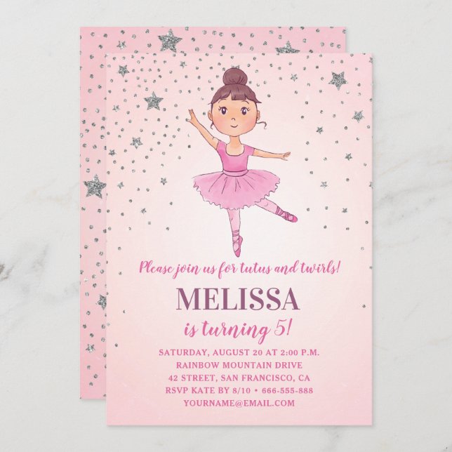 Convite Estrelas de Prata Rosa Ballerina Bonitas | Anivers (Frente/Verso)