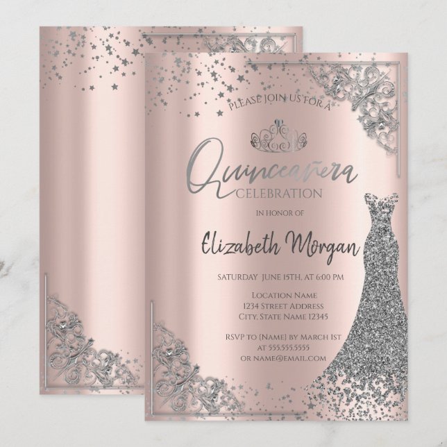 Convite Estrelas de Prata Tiara Rosa Quinceañera (Frente/Verso)
