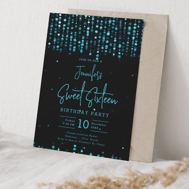 Convite Estrelas de queda de turquesa Doce 16 Festa de ani (Turquoise Falling Stars Sweet 16 Birthday Party Invitation)