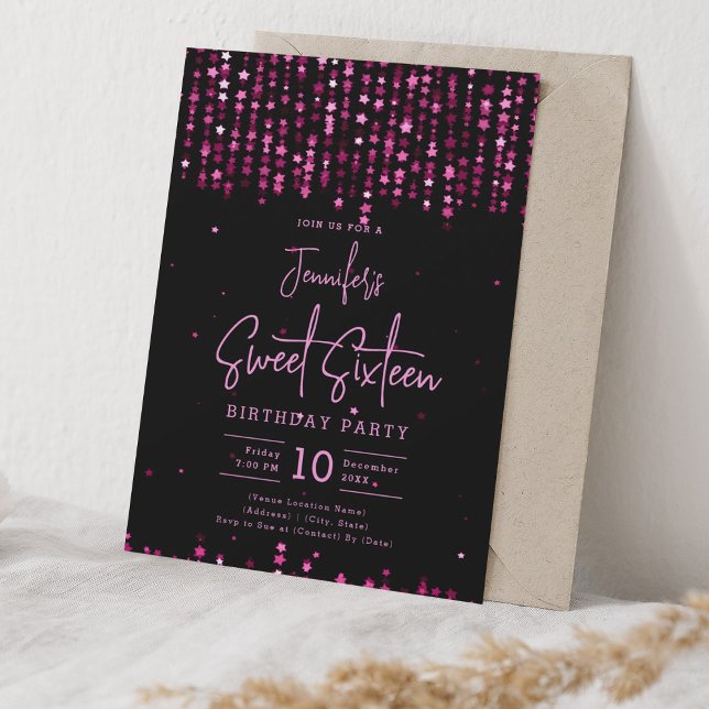 Convite Estrelas de queda rosa quente doce 16 Festa de ani (Hot Pink Falling Stars Sweet 16 Birthday Party Invitation)