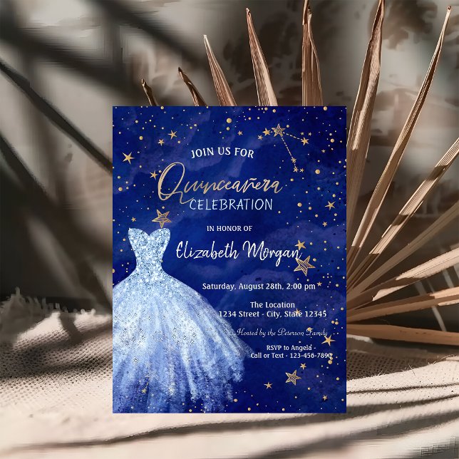 Convite Estrelas de Vestido Azul Galáxia Quinceañera (Criador carregado)
