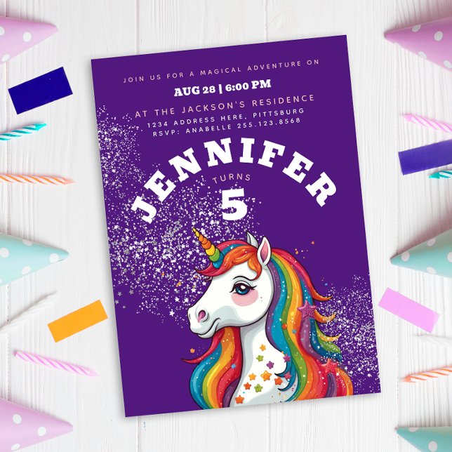 Convite Estrelas do arco-íris Roxo do Unicórnio Roxo (Criador carregado)