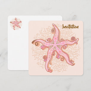 Convite Estrelas-do-mar e Coral Padrão Pastel Rosa