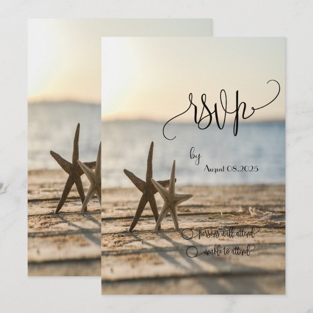 Convite Estrelas do mar Praia de Areia Script RSVP   (Frente/Verso)