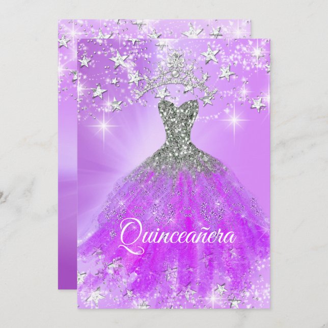 Convite Estrelas do Partido Quinceanera Purple Sparkle Tia (Frente/Verso)