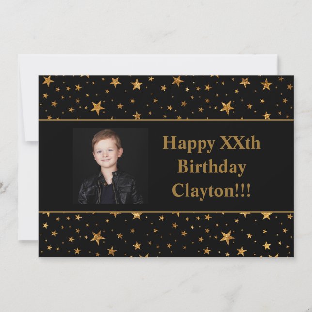 Convite Estrelas Douradas com Foto de Mensagem no Aniversá (Frente)