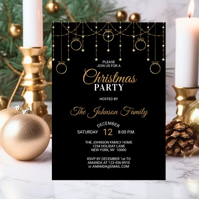 Convite Estrelas Douradas de Lâmpadas Negras do PARTIDO CH (Holiday CHRISTMAS PARTY  Black Gold Glitter Stars Invitation | Corporate Business)