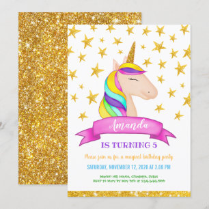 Convite Estrelas Douradas do Unicorn Faux   Aniversário