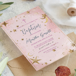 Convite Estrelas Douradas e Batismo de Menina Rosa