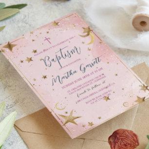 Convite Estrelas Douradas e Batismo de Menina Rosa
