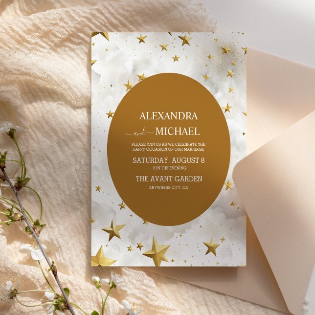 Convite Estrelas Douradas e Brancas Celestiais Casamento (Criador carregado)
