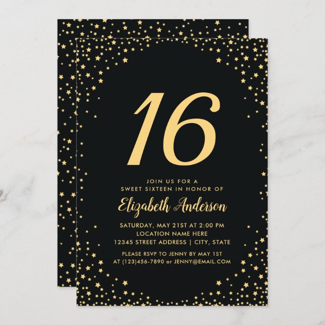 Convite Estrelas Douradas e Negras Elegantes Doce 16 Anive (Frente/Verso)