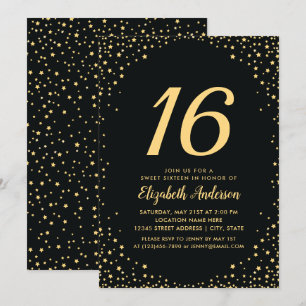 Convite Estrelas Douradas e pretas elegantes 16 de anivers