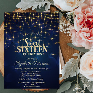 Convite Estrelas Douradas Elegantes Azul Marinho Sweet 16