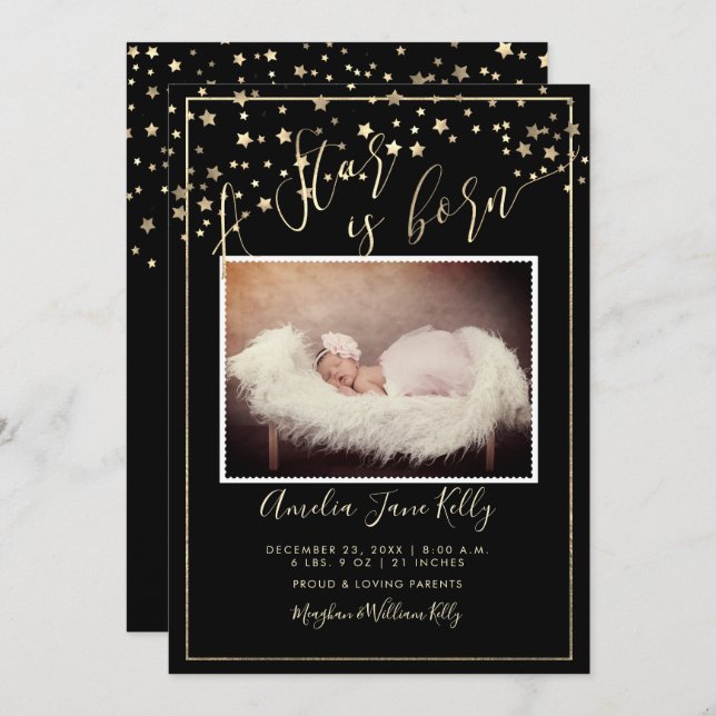 Convite Estrelas Douradas Faux PixDezines, Uma Estrela é N (Frente/Verso)