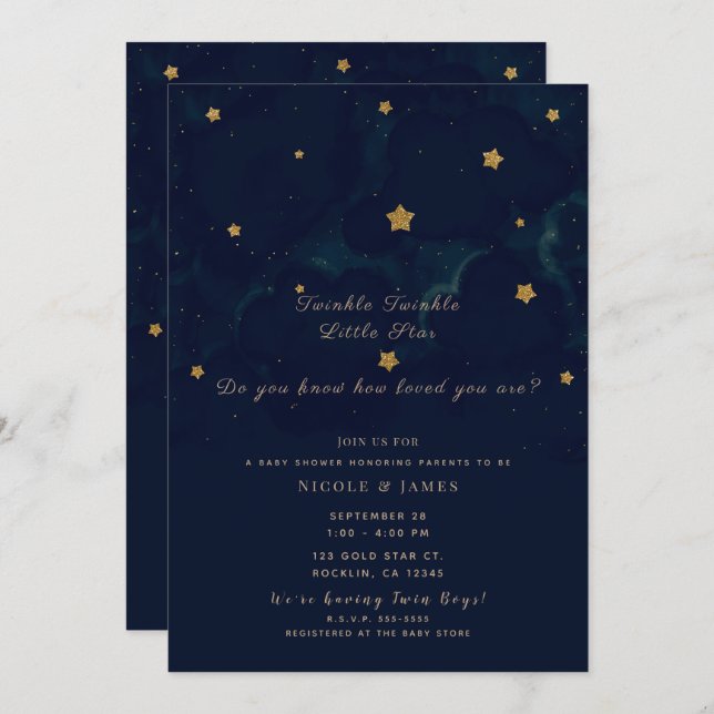 Convite Estrelas Douradas Gêmeas Chás de fraldas do céu az (Frente/Verso)