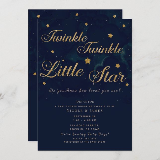 Convite Estrelas Douradas Gêmeas Chás de fraldas do céu az (Frente/Verso)