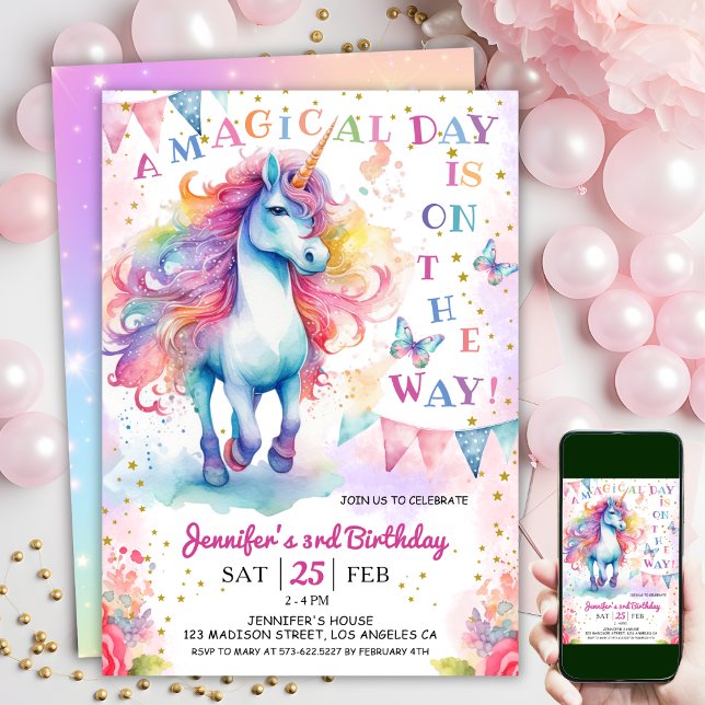 Convite Estrelas e Arco-Íris Florais de aniversário de 3 a (#UnicornBirthdayInvitation #UnicornBirthdayInvitationTemplate #UnicornBirthdayInvitationEditable)