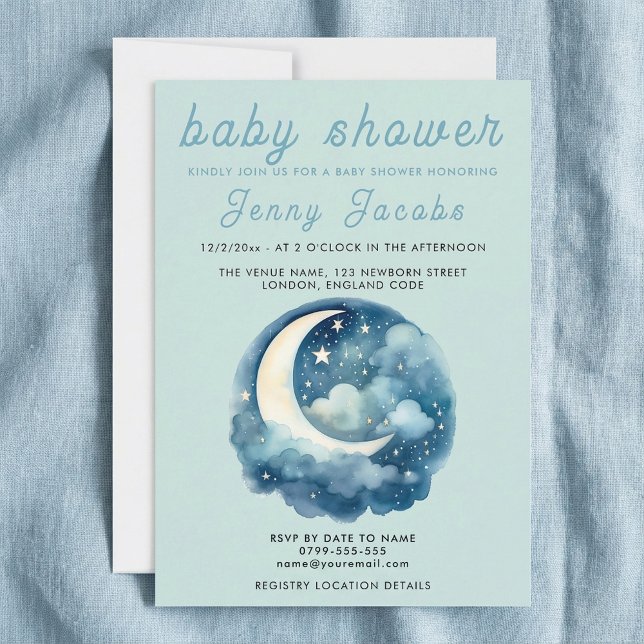 Convite Estrelas e chá de fraldas de sono da lua (Stars and moon dreamy baby shower invitation.)