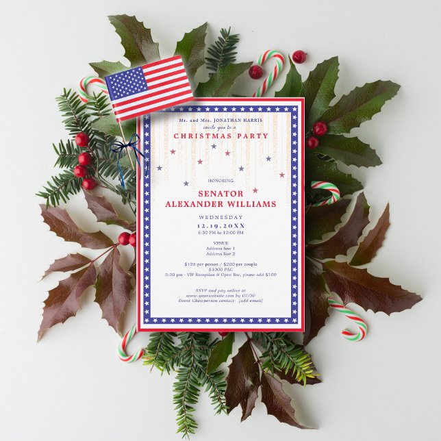 Convite Estrelas e Faixas Campanha do Feriado da Bandeira  (Stars & Stripes American Flag Christmas Political Candidate Party Fundraiser Invitation)