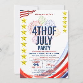 Convite Estrelas e faixas com fogos de artifício 4 de julh