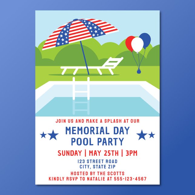 Convite Estrelas e Greve Modernas do Partido da Piscina Me (Patriotic Memorial Day pool party invitation)