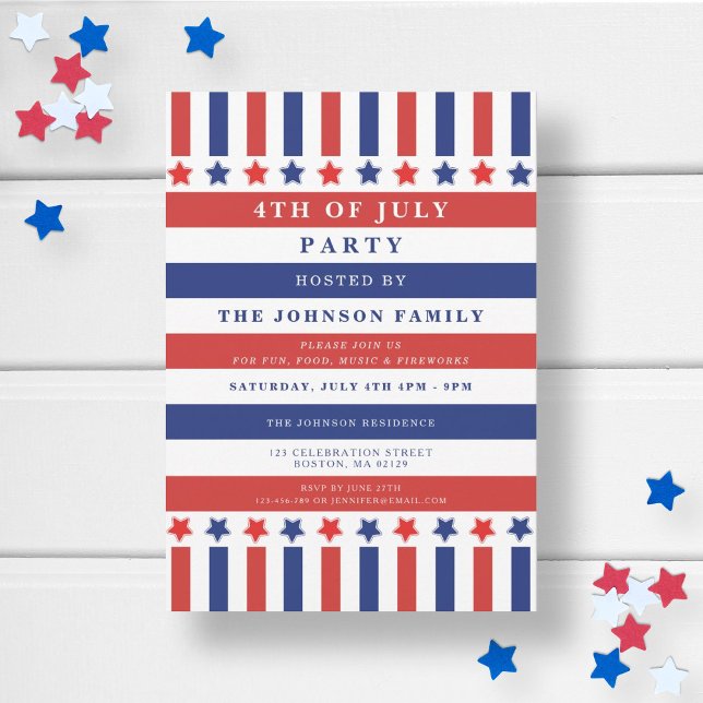 Convite Estrelas e Listras Vermelho Branco Azul Festa de 4 (Patriotic Red White Blue Balloon 4th Of July Party Invitation)