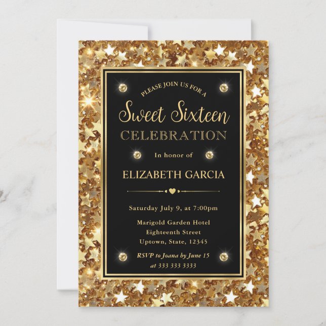 Convite Estrelas Elegantes com Brilho Dourado Sweet Sixtee (Frente)