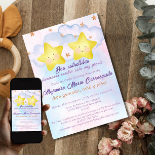 Convite Estrelas Espanholas Gêmeos Rosa Azul Chás de Bebê