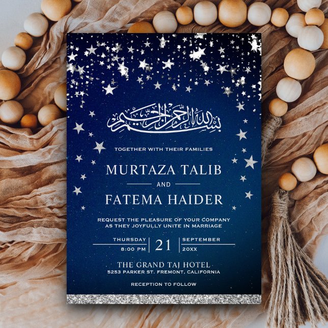 Convite Estrelas Glitter Prateado Falso Casamento Muçulman (Criador carregado)