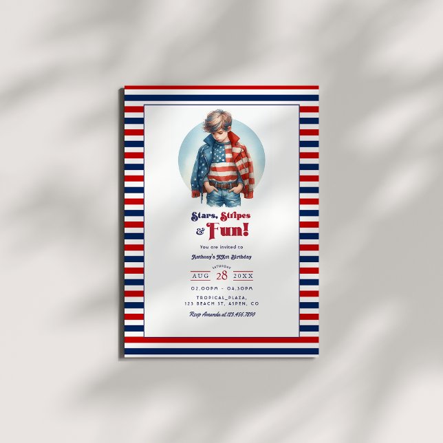 Convite Estrelas, Listras e Diversão | Aniversário de Meni (Stars, Stripes & Fun | All American Boy Birthday Invitation)