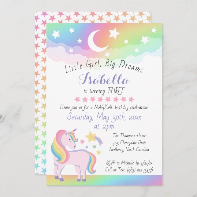 Convite Estrelas & Lua Arco-Íris Céu Magnético Unicórnio A (Frente/Verso)