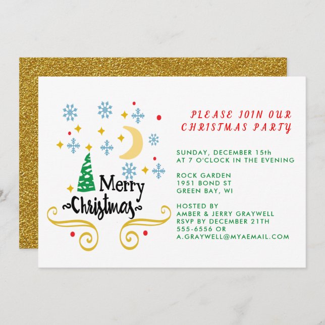 Convite Estrelas, Lua, Flocos de Neve e Feliz Natal, ZPR (Frente/Verso)