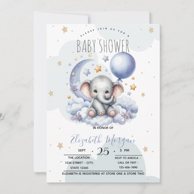 Convite Estrelas Lua Nuvens Urso de Pelúcia Chá de Bebê (Frente)