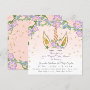 Convite Estrelas Mágicas Garota Chá Unicorn Horn Floral