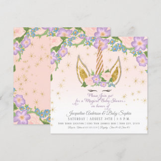 Convite Estrelas Mágicas Garota Chá Unicorn Horn Floral