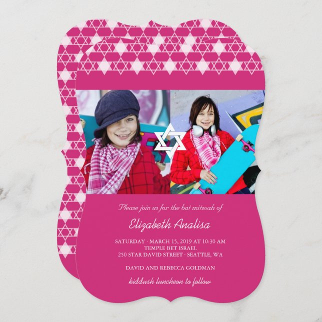 Convite Estrelas Modernas da Fúcsia convidam David Bat Mit (Frente/Verso)